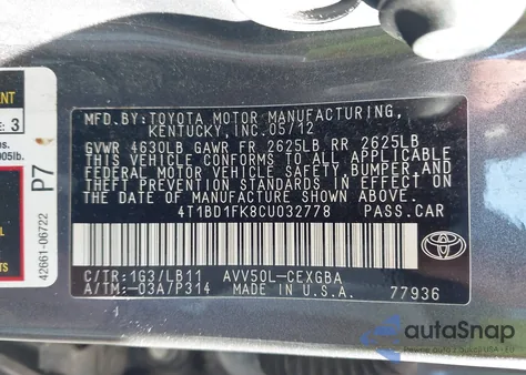 2012 Toyota Camry Hybrid Xle from USA, damaged, VIN 4T1BD1FK8CU032778